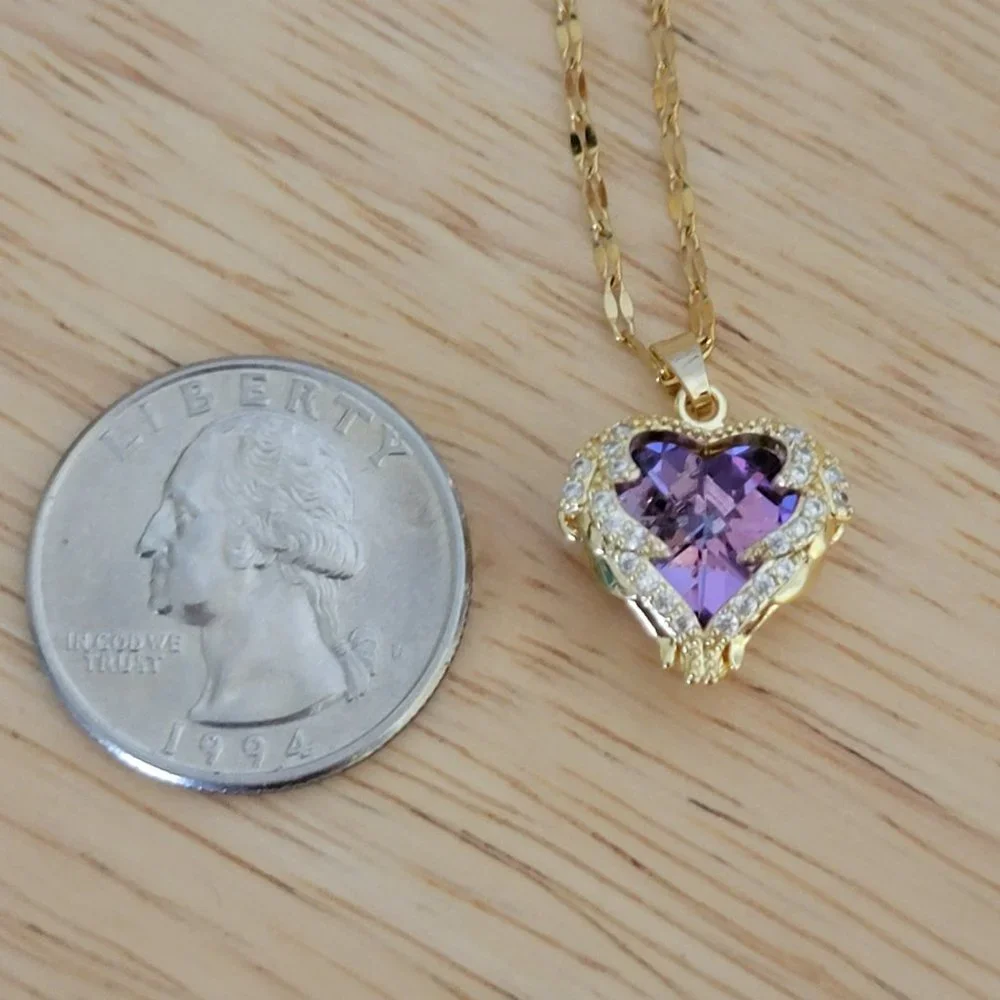 Heart Shape Pendant Necklace Simulated Amethyst & Crystals 15-17 Inches  NEW - Picture 3 of 12